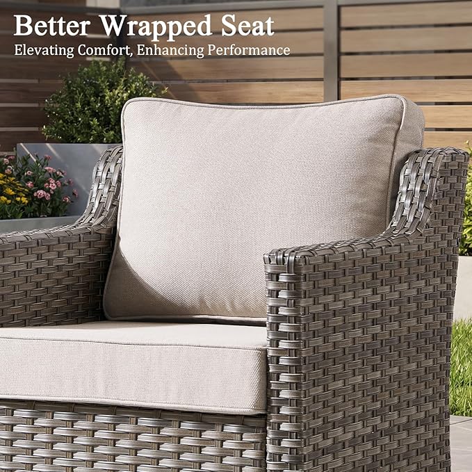 Luxury Patio Furniture Sofa Set - 7 Pieces All Weather Wicker Outdoor Couch and High Back Patio Chairs with Sofa & footstools for Deck Yard and Poolside Gray Wicker | Beige Cushions