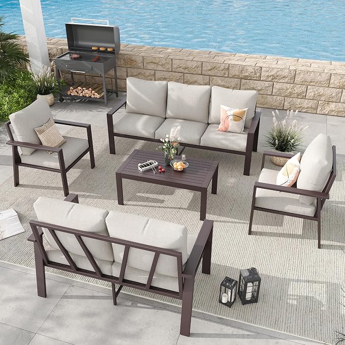 5-Piece Aluminum Patio Conversation Sets All-Weather Outdoor Furniture Sectional Sofa Modular Patio Set with 4'' Cushion Removable Covers for Porch Poolside Deck Balcony Yard