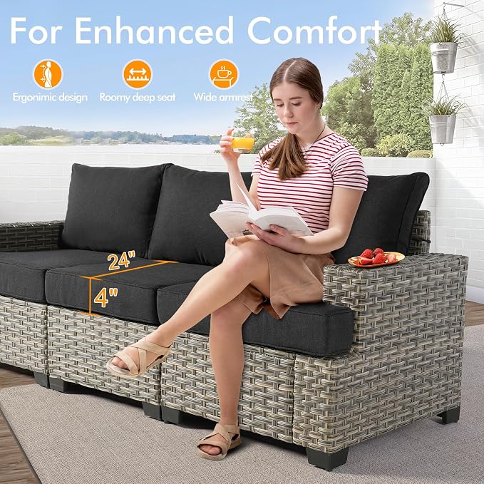 9 Pcs Outdoor Sectional Patio Furniture Set with Swivel Rocking Chairs - All Weather Wicker Modular Outside Sectional Couch,Patio Seating Outdoor Conversation Set for Deck Yard Garden,Black