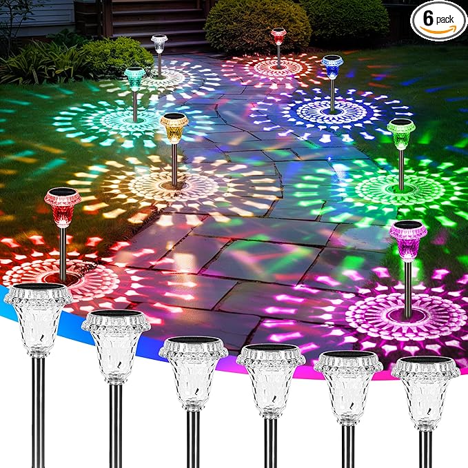 Solar Lights Outdoor Pathway Waterproof, Multicolor Decorative Garden Lights for Walkway Driveway Yard Lawn, Acrylic Solar Powered Landscape Path Lights, 10 Modes (3 White&7 Diverse Colors), 6 Pack