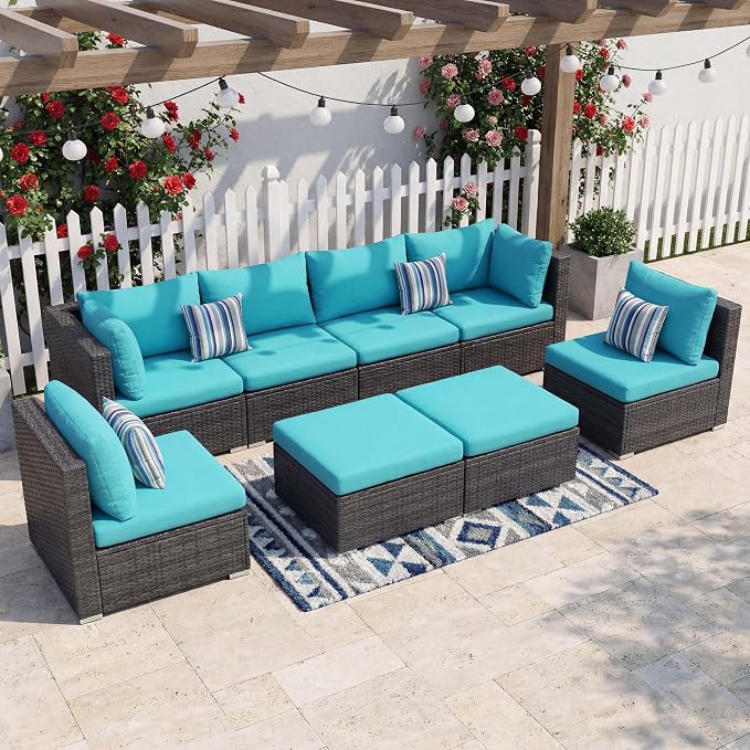 NICESOUL 8 People Outdoor Seating Furniture, 29.3'' High Back Comfortable Wicker Patio Sectional Sofas with Ottoman, Deep Seats Oversized Conversations for Exteriors, 2 Color Cushion Turquoise & Gray