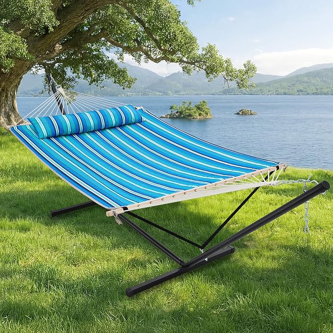 SUPERJARE 12ft Double Hammock with Stand, Rope Hammock for 2 Person, Detachable Hammock Bed and Pillow, Portable, Anti-Tip Safety Ropes, Carry Bag, Outdoor Backyard Patio, Turquoise Green Stripes