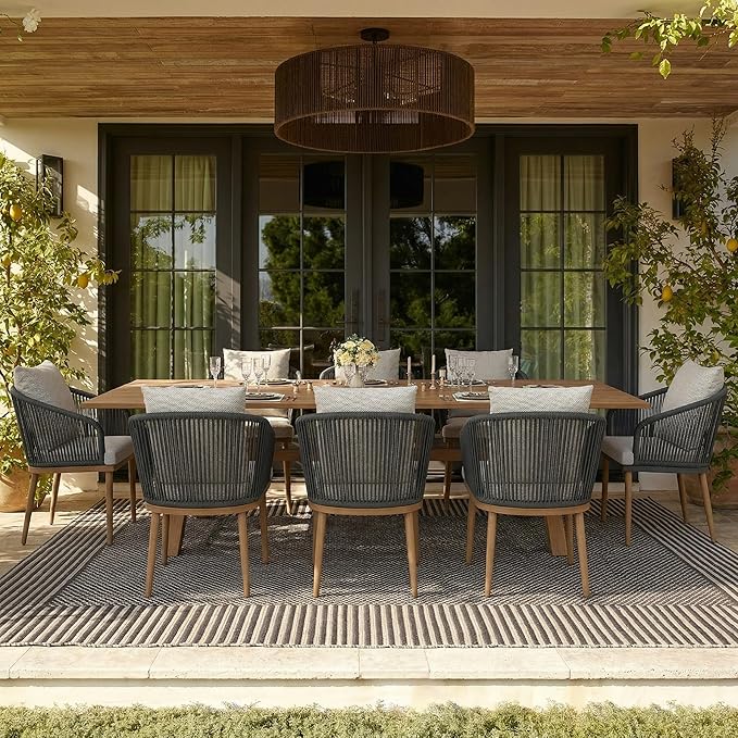 11-Piece Patio Dining Table Sets, Woven Wicker Dining Set with Rectangular Aluminum Table and Dining Chairs Modern Outdoor Dining Furniture Set for Outdoors and Indoors