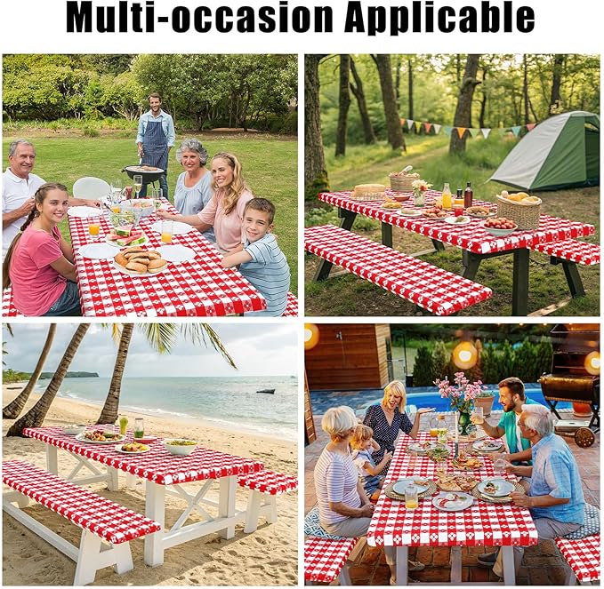 Smiry Picnic Table Cover with Bench Covers, Waterproof Elastic Fitted Tablecloth for 6 Foot Tables, Washable Polyester Tablecloths for Camping, Indoor & Outdoor (Red & White, 30x72 Inch 3-pc Set)