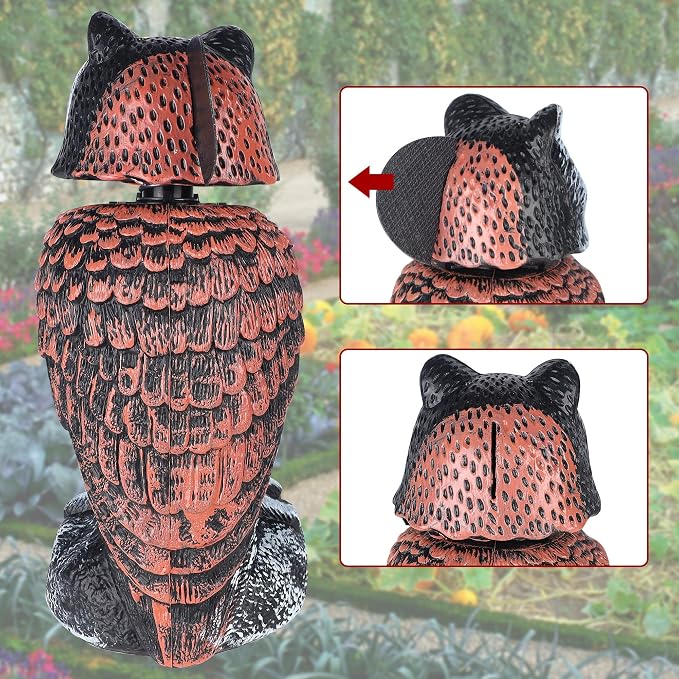 Hausse 2 Pack Fake Owl Decoy Bird Scarecrow Sculpture, Rotating Head Plastic Owl Bird Deterrents, Nature Enemy Horned Pest Repellent for Outdoor Garden Yard