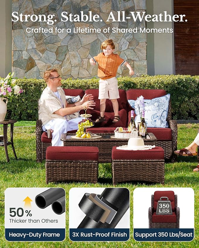 HILLGA 7-Piece Luxury Patio Furniture Set with 6" Thick Cushions, Weather-Resistant Wicker High Back Swivel Rocker Chairs, Senior-Friendly Outdoor Sofa Set for Large Deck and Poolside, Burgundy(V2)