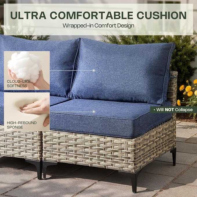 5 Piece Outdoor Sectional Patio Furniture Set with Solar Lighted Coffee Table, Modular Wicker Conversation Set with Flexible L-Shaped Layout for Porch Balcony Backyard, Denim Blue