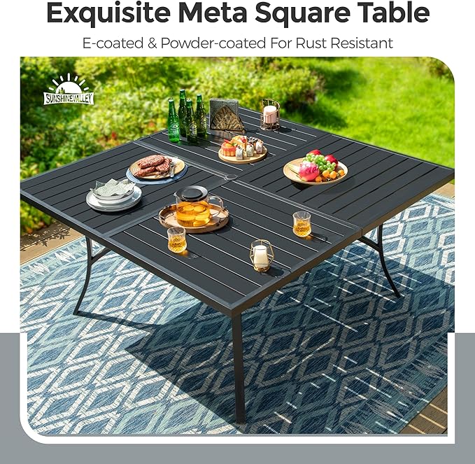 SUNSHINE VALLEY Patio Dining Set for 8, 60" x 60" Square Metal Table with Umbrella Hole, 8 x Stable Brown Dining Chairs, Outdoor Table and Chairs Set for Lawn Backyard and Deck