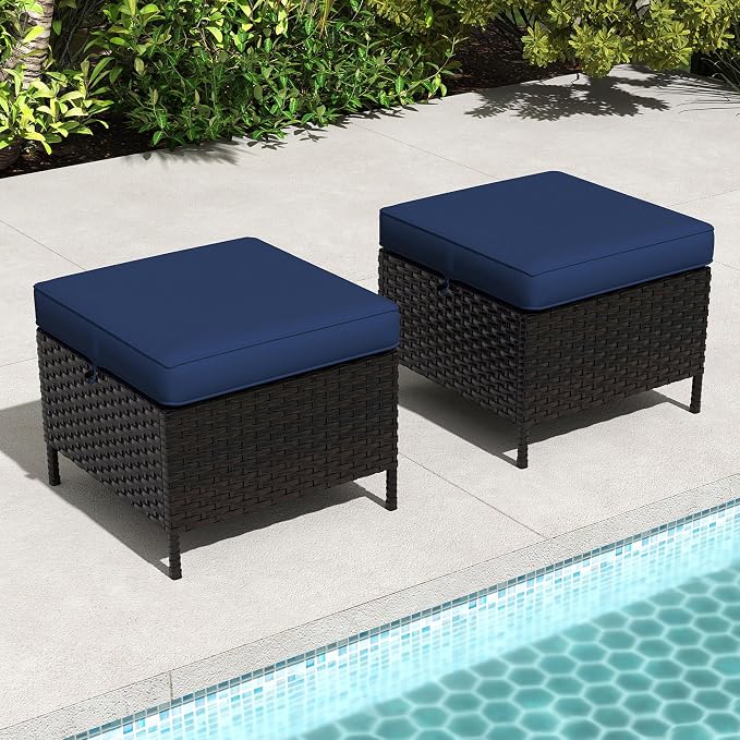 Wicker Ottomans with Cushions, Patio PE Rattan Furniture Set with Weather-Resistant Cushions for Porch, Backyard, Deck, Sunroom (Navy Blue)