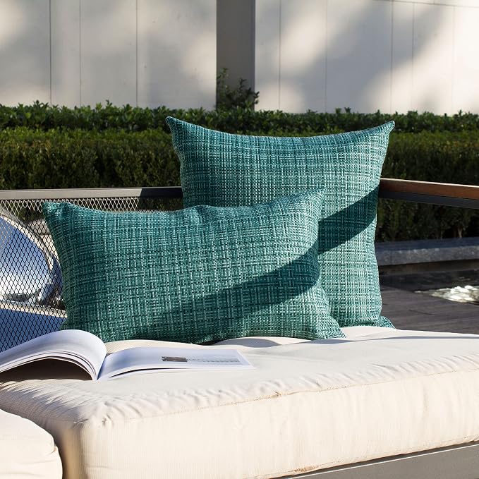 Kevin Textile Outdoor Waterproof 24x24 Inch Pillow Covers 2 Pack, Teal | Water Resistant, Faux Linen Yarn-dyed, Woven Texture Euro Throw Pillow Covers for Tent Patio Garden Couch Sofa