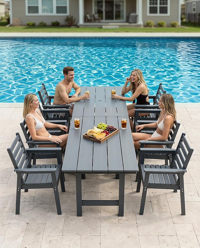 10 Piece HDPE Outdoor Dining Set for 8, Patio Dining Furniture Set with 2” Umbrella Hole, Weather Resistant Outdoor Table and Chairs for Garden, Poolside, Backyard, Deck