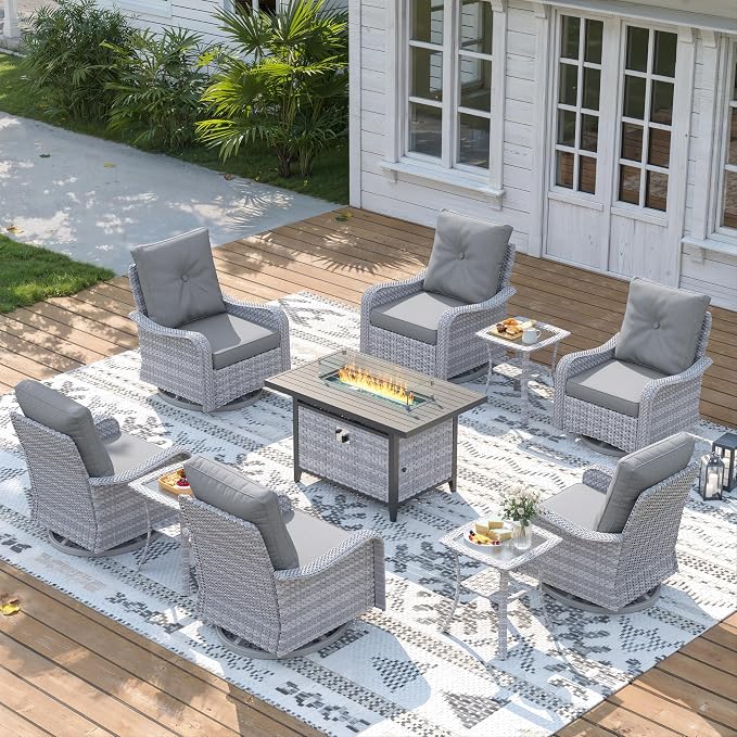 10 Piece Wicker Patio Furniture Set with 55,000 BTU Fire Pit Table, Swivel Rocking Chairs, 4''Cushions, PE Rattan, Wind Guard Glass, for Backyard, Deck or Balcony, Grey