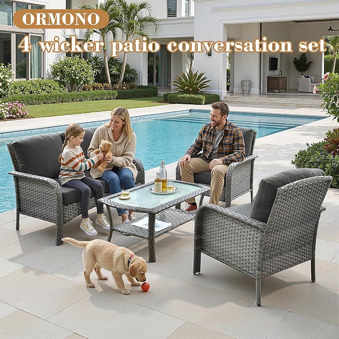 4 Pieces Patio Furniture Set, Small Outdoor Patio Set with Coffee Table, All-Weather Rattan Wicker High Back Conversation Set Loveseat with Chairs for Porch, Backyard, Balcony, Black