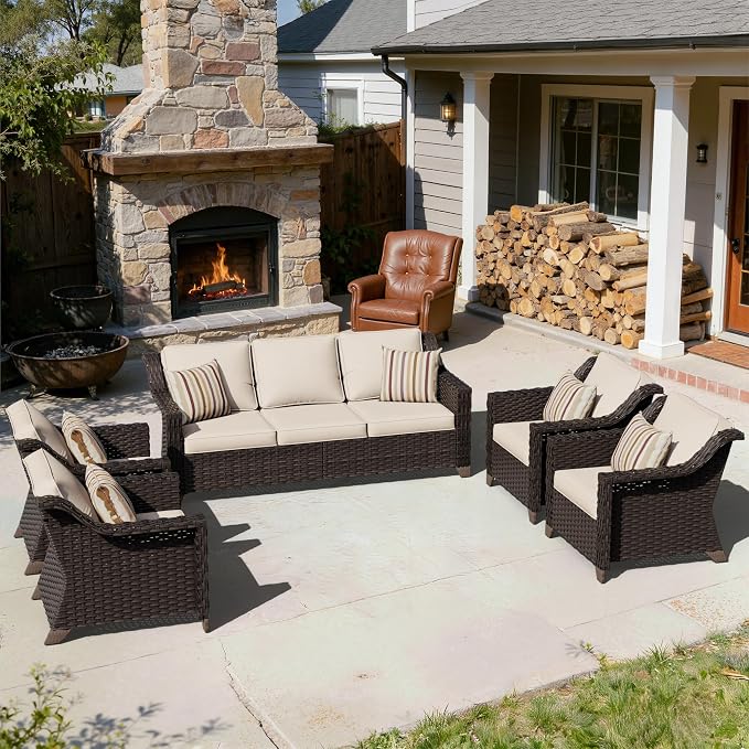 5 Pieces Patio Conversation Furniture Set - 1 Sofa, 4 Armchairs, Outdoor Wicker Furniture with Removable Cushions for Porch, Balcony, Sunroom (Beige)