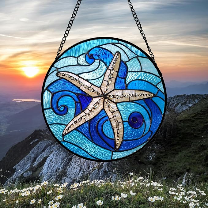 DASTOLL Stained Glass Window Hanging 4 Pcs Set Blue Ocean Waves Large 15" - Starfish Crab Seal Suncatcher Door Garden Sun Catcher Decor Birthday for Mom Woman Nana Men Friend