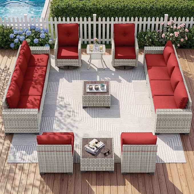 15-Piece Outdoor Patio Furniture Set with Rocking Swivel Chair Wicker Sectional Sofa Set, Patio Conversation Set with Thickened Cushions & Coffee Table for Garden, Backyard, Poolside, Red