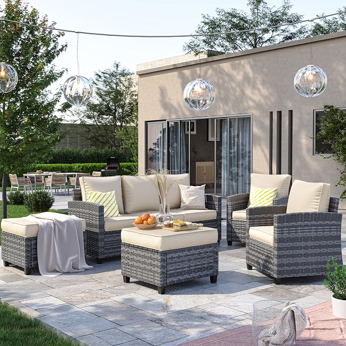 Outdoor Furniture Set, 5 Pcs Wicker Patio Couch with Chairs, Ottomans and Thick Cushions, All Weather Wicker Rattan Patio Conversation Set,Khaki