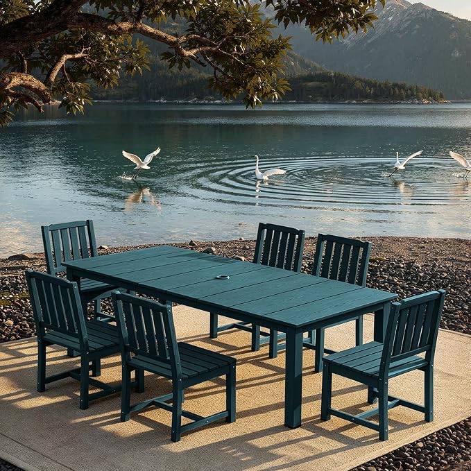 AreShark 5-Piece Outdoor Dining Set,HDPE Patio Table with 4 Armless Chairs,All-Weather Patio Furniture Set with Umbrella Hole,Low Maintenance Wood Grain Dining Set for Backyard,Garden,Poolside,White