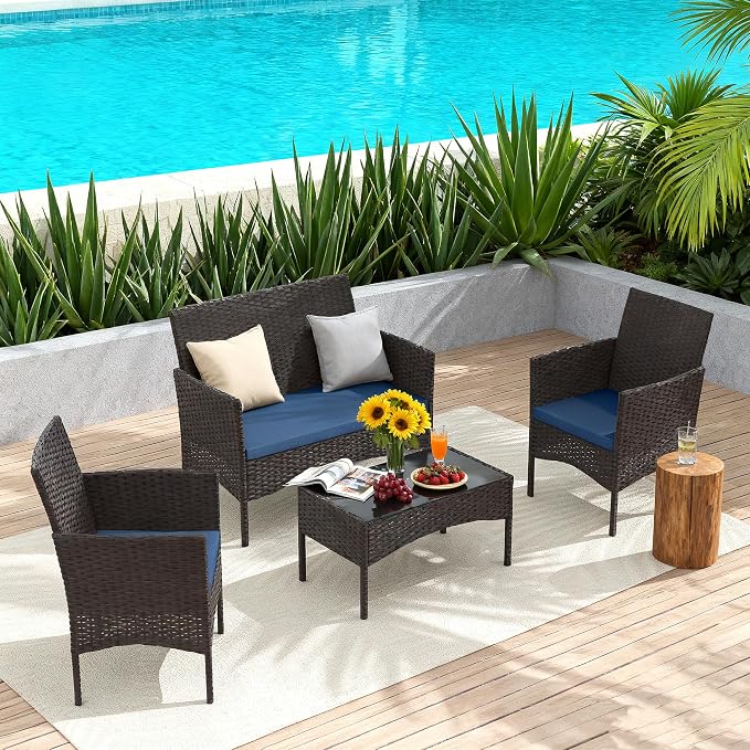 Gotland 4-Piece Outdoor Patio Furniture Set, Wicker Rattan Chairs & Sofa with Cushions and Glass Coffee Table, Conversation Set for Backyard, Lawn, Porch, Pool, Garden (Navy-2)