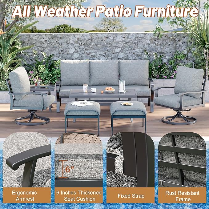 HOMREST Patio Furniture Sets 7 PCS Outdoor Metal Conversation Sets, 360 Degree Swivel Rocking Chairs Patio Conversation Set with Ottomans, Coffee Side Table and 3-Seat Sofa for Garden, Deck, Poolside