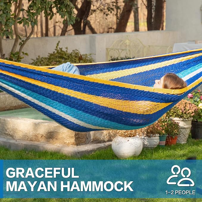 PNAEUT Handwoven Mayan Hammock, Thick Soft Rope Double Hammock for Outdoor Outside & Indoor, 600 lbs Capacity Heavy-Duty, Includes Tree Straps, Carabiners & Carrying Bag (Caribbean Sea, X-Large)