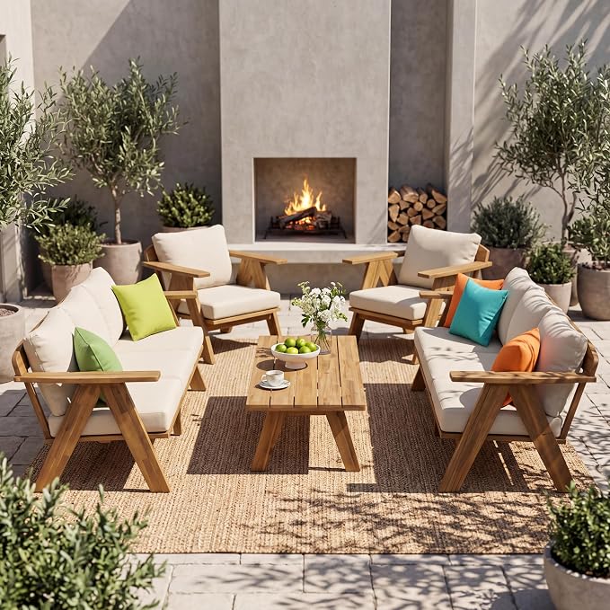 Christopher Knight Home Dina 5-Piece Patio Furniture Set For 8, Acacia Wood Outdoor Conversation Set with Coffee Table, Outdoor 3-Seater Sofas And Club Chairs Set With Cushions for Backyard,Teak+Beige