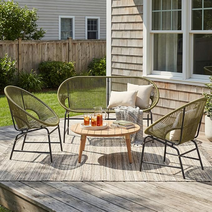 Christopher Knight Home Dessa 4 Piece Patio Furniture Set with Acacia Wood Coffee Table, 4 Seater PE Rattan Outdoor Conversation Set, Metal Outdoor Sectional Sofa Set, Beige+White, Green