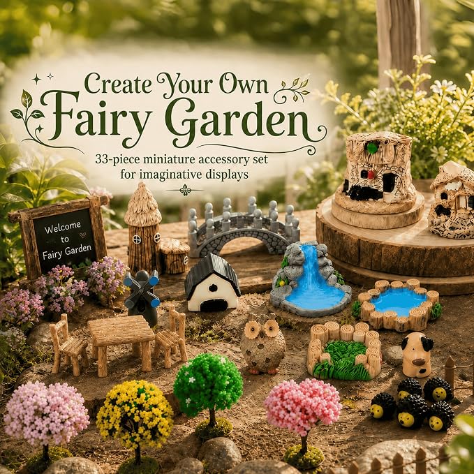 33 Pcs Fairy Garden Kit, Resin Fairy House Accessories with Animal Figurines & Fences, Stable & Noticeable Terrarium Decor for Outdoor Planters and DIY Micro Landscapes