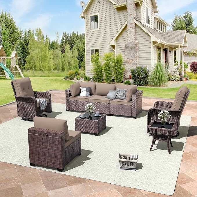 ALAULM 8 Pieces Patio Furniture Set with 2 Swivel Chairs Wicker Patio Conversation Set, Outdoor Sectional Furniture w/Coffee Table & Washable Seat Cushions-Sand