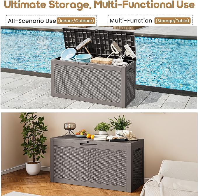 Outdoor Storage Box, 60 Gallon Resin Deck Boxes Outdoor Waterproof For Patio Furniture, Garden Tools, Pool Supplies, Lockable And UV Resistant (Rattan Gray)