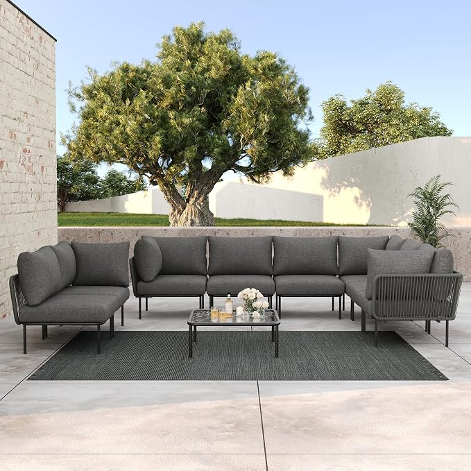LayinSun 9 Pieces Aluminum Patio Furniture Set, Modern Modular Sectional Sofa with Coffee Table and Upgrade Thickness Cushion