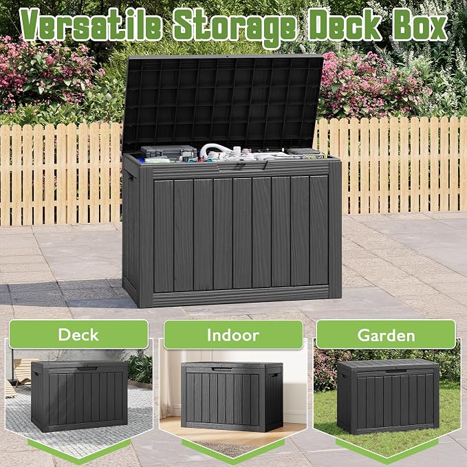 Outdoor Storage Box, 45 Gallon Deck Box with Lockable Lid, Waterproof Resin Storage Bin for Cushions, Garden Tools, Patio Furniture, Black