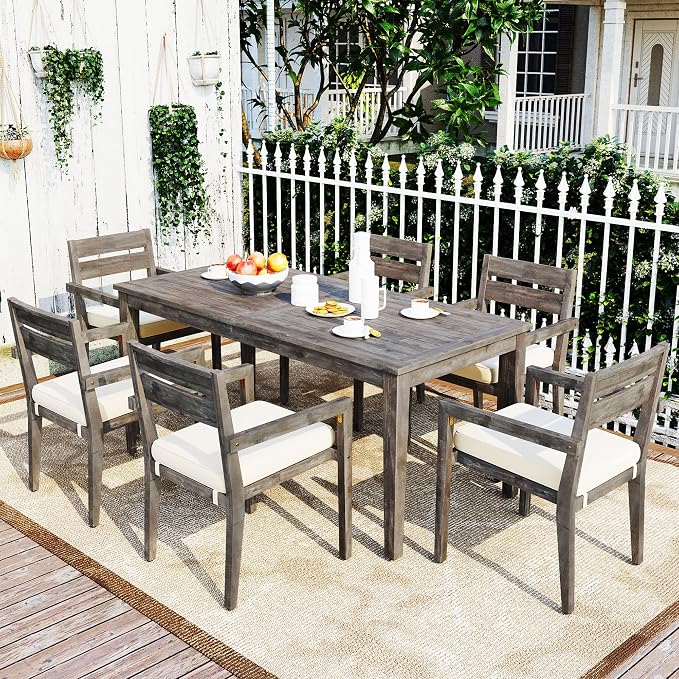 7 Piece Patio Dining Set, 70.9" Rectangular Acacia Wood Outdoor Dining Table & 6 Dining Arm Chairs with Cushion, Suitable for Outdoors and Indoors (Grey@015)