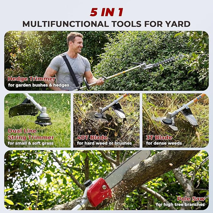 6-in-1 Gas Weed Eater, 58CC 2-Cycle Weed Wacker String Trimmer Lawn Mover Include Brush Cutter Pole Saw Hedge Trimmer Brush Cutter for Yard, Garden