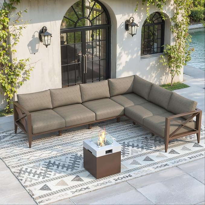 Aluminum Outdoor Patio Furniture Set with Fire Pit, 7-Piece Outdoor Sectional with 5.2" Thick Cushions,Patio Conversation Sets for Backyard,(Brown,6 Seats)