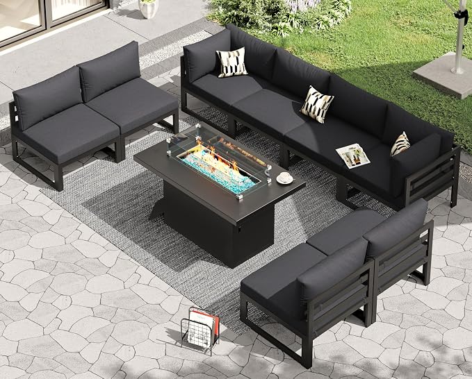 RADIATA 9 Piece Modern Aluminum Patio Furniture Set with Fire Pit Table, 500 lbs Heavy Duty Outdoor Sectional Sofa, 29" Deep Wide Oversize Seating Conversation Couch for Garden Exterior, Dark Gray