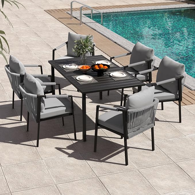Patio Dining Set 7-Piece Woven Rope Rattan Dining Table and Chairs Set | Outdoor Metal Woven Wicker Rope Chairs with Cushions, All-Weather PE Rattan Outdoor Dining Set for Lawn Garden