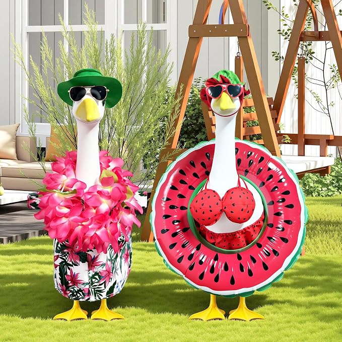2 Set Hawaiian Porch Goose Outfits,23''Porch Goose Summer Outfits,Bikini Lawn Goose Costume,Yard Goose Clothes Skirt Hat Glasses Floral Wreath Swimming Ring for Outdoor Garden Yard Decor