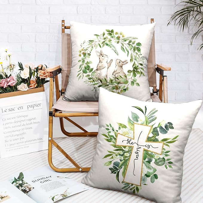 He is Risen Easter Cross Throw Pillow Covers 18x18 Set of 2 Easter Bunny Rabbit Pillow Case Spring Green Wreath Decorative Cushion Case for Living Room Couch Patio