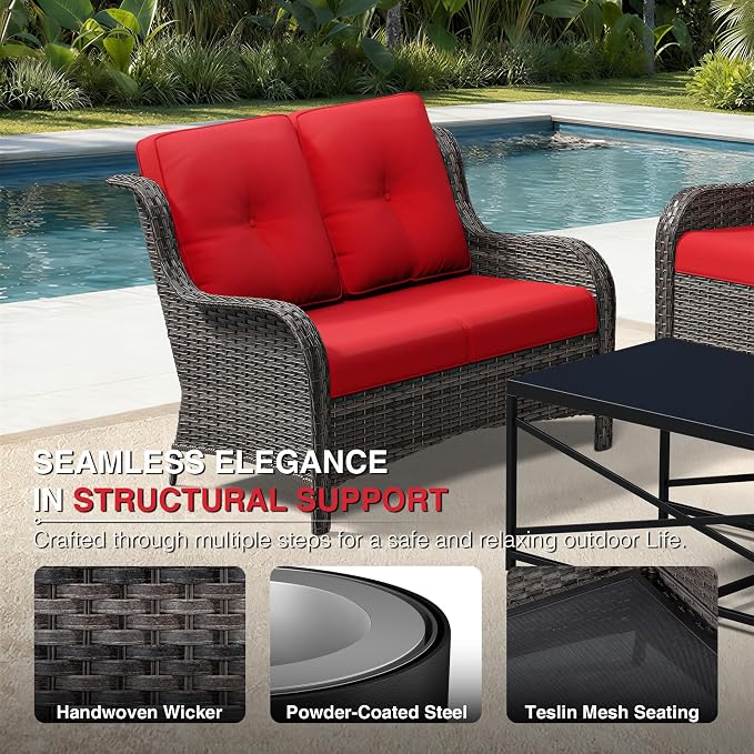 Joyside 5 Piece Wicker Patio Furniture Set, Outdoor Swivel Rocker Patio Chairs with High Back, Deep Seating, Wide Armrest, Thickened Cushions, Outdoor Furniture for Deck, Porch Use