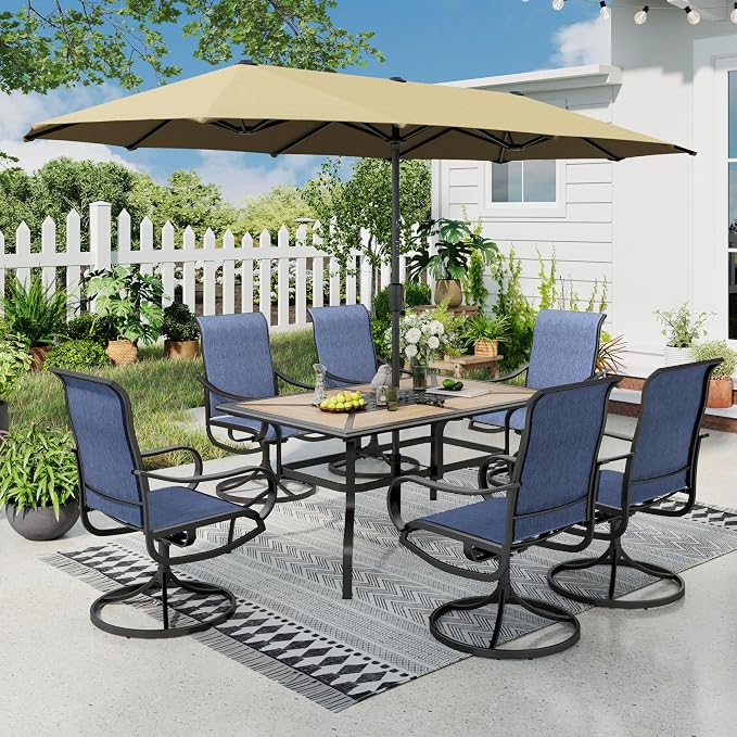 Sophia & William Patio Set with Umbrella Outdoor Dining Set for 6 with 13ft Umbrella Beige, 6 x Patio Chairs Blue, 1 Wood Like Outdoor Dining Table for Deck Lawn Garden (No Umbrella Base)