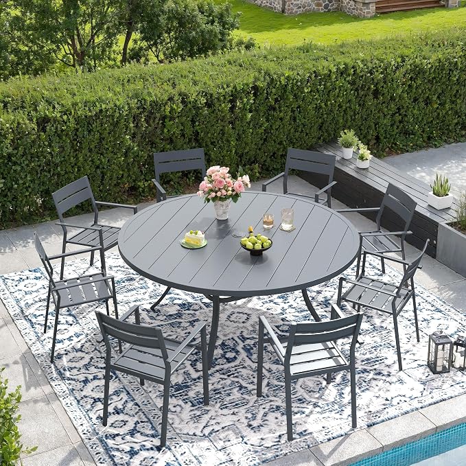 DIFY 9 Piece Outdoor Patio Dining Set for 8, Patio Table and Chairs Set with Umbrella Hole, 53" Round Dining Table and Stackable Metal Chairs for Backyard Garden Poolside, Grey