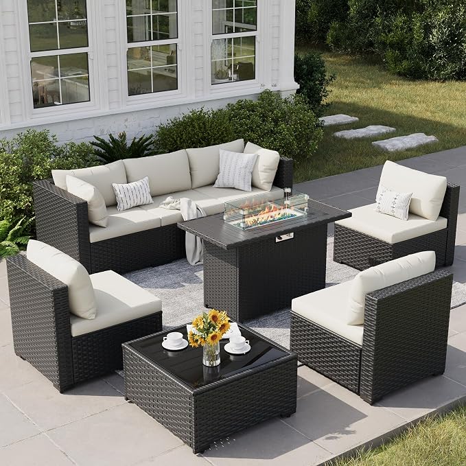 8 Piece Patio Furniture Set with 43" Fire Pit Table, Outdoor Sectional Wicker Rattan Sofa Set with Coffee Table (White/Black)