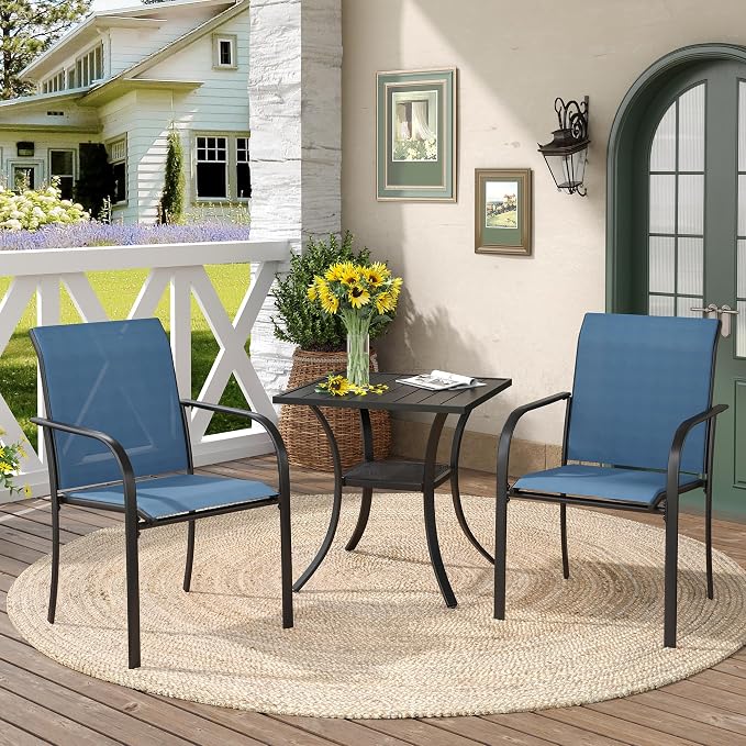 DIFY 3-Piece Outdoor Patio Bistro Dining Set, Black Small Square Dining Table & 2 Blue Stackable Metal Chairs with Breathable Fabric, Outdoor Furniture Set for Balcony, Porch, and Deck