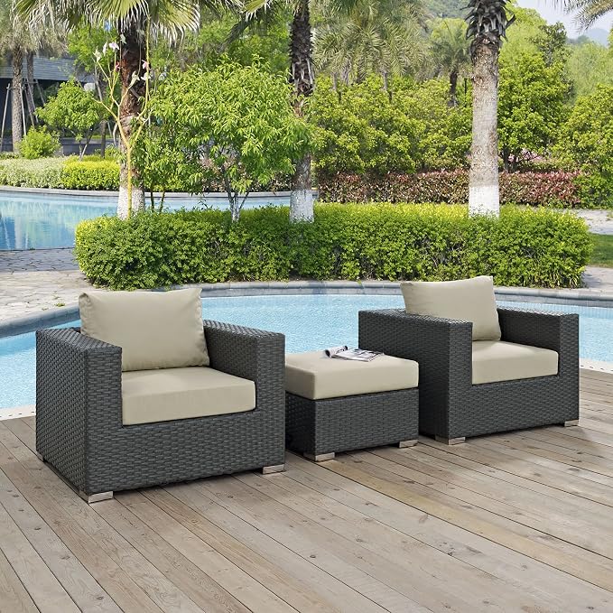 Modway Sojourn Wicker Rattan 3 Piece Outdoor Patio Sunbrella Sectional Set in Canvas Antique Beige