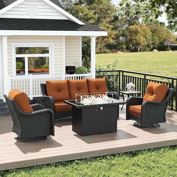 LayinSun 5 Piece Wicker Outdoor Furniture Set with 6-inch Comfy Cushions, High Back Patio Furniture Set with Swivel Rocking Chairs and Fire Pit Table