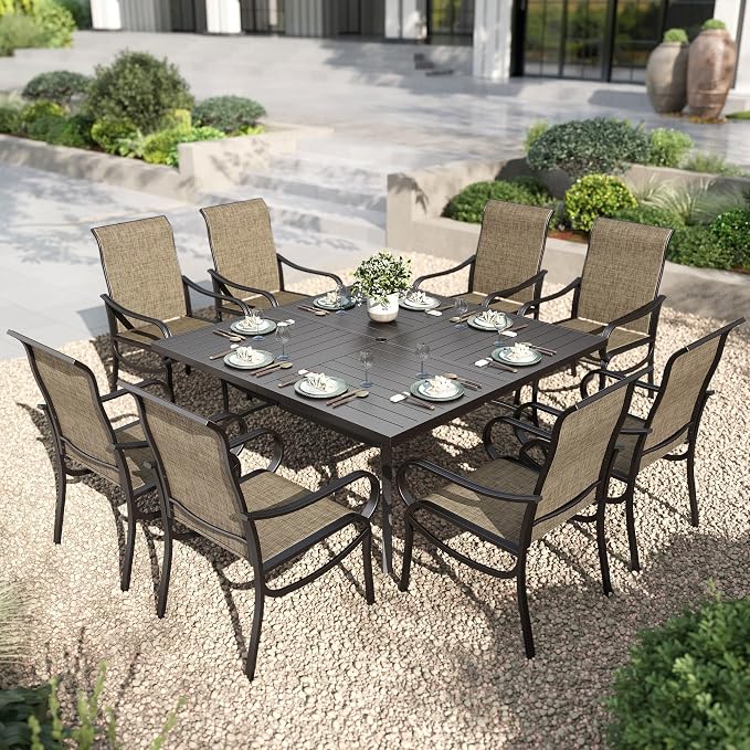 PHI VILLA Patio Dining Set for 8 Person, Large Slat Metal Square Table with Umbrella Holes and 8 High Back Fixed Chairs All Weather Patio Furniture Set for Outdoor Deck Garden