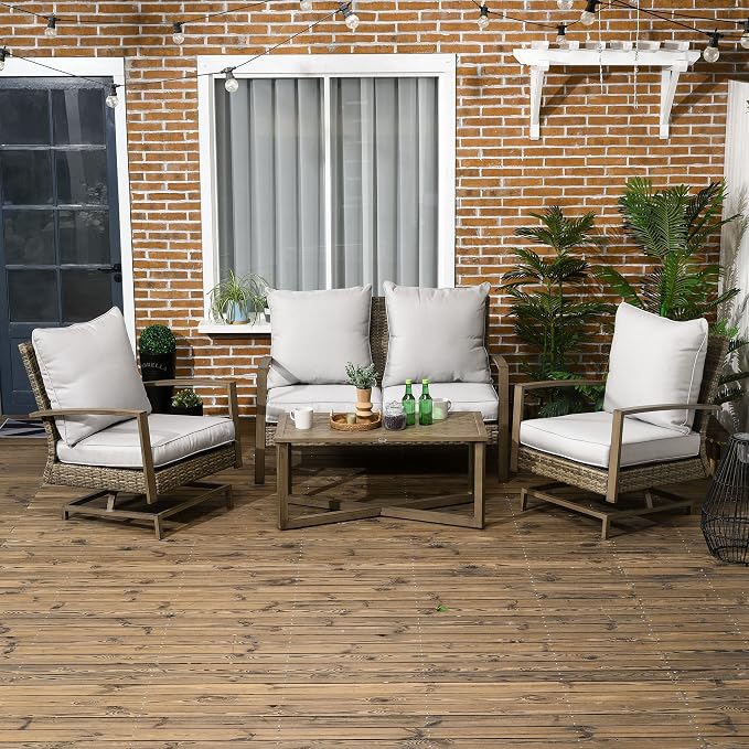 Outsunny 4 Piece Wicker Patio Furniture Set with 2 Rocking Chairs, Loveseat Sofa, Outdoor PE Rattan Conversation Set with Cushions, Aluminum Table for Porch, Poolside, Light Gray