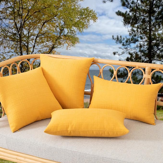 Kevin Textile Outdoor Waterproof 22”x22” Pillow Covers 2 Pack, Dark Yellow | Water Resistant, Soft Faux Linen-cotton Yarn-dyed Woven Texture Throw Pillow Covers for Tent Patio Garden Couch Sofa