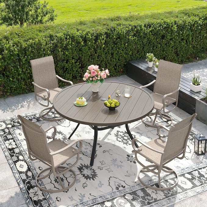 DIFY 7 Piece Outdoor Dining Set for 6, 53.1" Grey Wood-Like Round Metal Dining Table with Umbrella Hole and Swivel Patio Chairs with Sandshell Textilene, Patio Table and Chairs Set for Garden Backyard